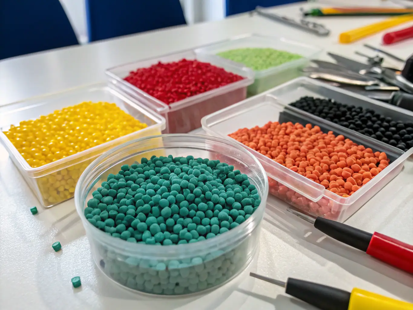 A photograph of polypropylene pellets, highlighting their smooth texture and consistent color, representing the versatility of Behdad Plast's polymer offerings.
